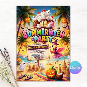May include: A Summerween party invitation featuring a beach scene with palm trees, a sundae topped with ghosts, and a flamingo wearing a witch hat. Text reads: To celebrate Emely's 10 birthday! Saturday, October 25th at 05:00 PM, Emely Beach.