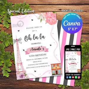 Invitación de cumpleaños boho de la Torre Eiffel de París para adolescentes, invitación francesa Ohh La La, fiesta parisina Bonjour, bohemia rosa. Diseño editable e imprimible en CANVA