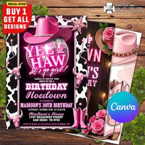 Roze cowgirl verjaardagsuitnodiging, glamouruitnodiging, country western uitnodigen, cowgirl hoedown verjaardagsfeestje uitnodigen, bewerkbare canva-sjabloon