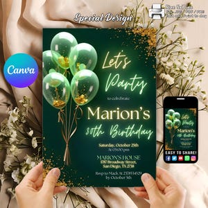 Balloon Green and Gold Invitation, Birthday Dinner Invitation, Editable Party Invite Women, Balloons Green Gold Birthday Invite