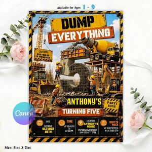 May include: A construction-themed birthday invitation featuring a large number five made of rebar, yellow trucks, and workers. Text includes DUMP EVERYTHING, ANTHONY'S TURNING FIVE, and event details. The card measures 5 inches by 7 inches.