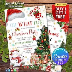 Convite editável para festa de Natal, convite de Natal para crianças, chapéu de Papai Noel Oh What Fun Invite, convite de feriado, CANVA de Natal