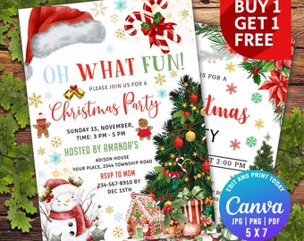 May include: A Christmas party invitation template featuring a red Santa hat, candy canes, a decorated Christmas tree, a gingerbread house, and a snowman. The text reads OH WHAT FUN! PLEASE JOIN US FOR A Christmas Party, with event details included.