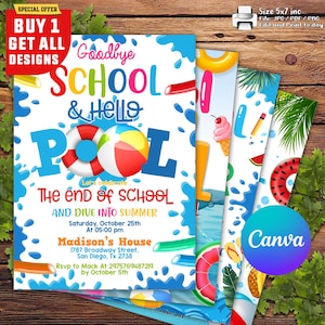 Puede incluir: Un diseño de invitación colorido para una fiesta en la piscina de fin de curso. El diseño presenta el texto "Goodbye School & Hello Pool" con un balón de playa y un salvavidas. Tarjetas adicionales muestran ilustraciones con temática de verano. La invitación incluye detalles del evento.