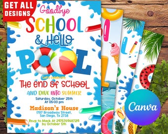Goodbye School Hello Pool Invitation Template, Editable Pool Party Invite, Summer Goodbye School, Editable Summer Break Invite