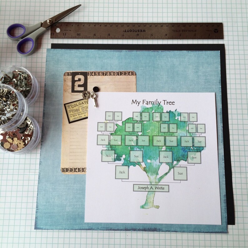 May include: A printable family tree template with a watercolor-style green tree design. The template has spaces for names and photos. The text "My Family Tree" is at the top of the page. The text "Joseph A. Write" is at the bottom of the page.