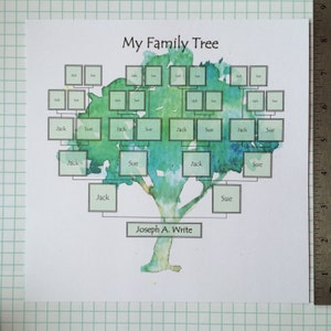 May include: A watercolor-style family tree chart with green and blue leaves. The chart has spaces for photos and names, with the words "My Family Tree" at the top and "Joseph A. Write" at the bottom.