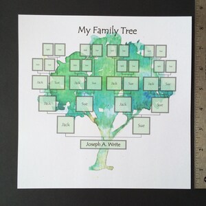 May include: A watercolor painting of a family tree with green and blue leaves. The tree has 15 empty picture frames for photos. The text "My Family Tree" is at the top of the image. The name "Joseph A. Write" is at the bottom of the image.