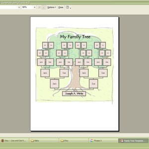 Może przedstawiać: Szablon drzewa genealogicznego w kolorze zielonym i brązowym z pustymi miejscami na zdjęcia. Tekst "My Family Tree" znajduje się u g&oacute;ry szablonu. Tekst "Joseph A. While" znajduje się u dołu szablonu.