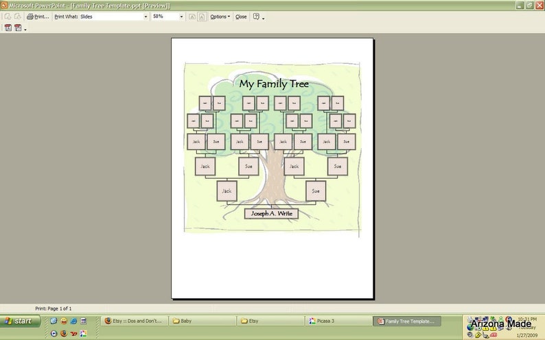 Może przedstawiać: Szablon drzewa genealogicznego w kolorze zielonym i brązowym z pustymi miejscami na zdjęcia. Tekst "My Family Tree" znajduje się u g&oacute;ry szablonu. Tekst "Joseph A. While" znajduje się u dołu szablonu.