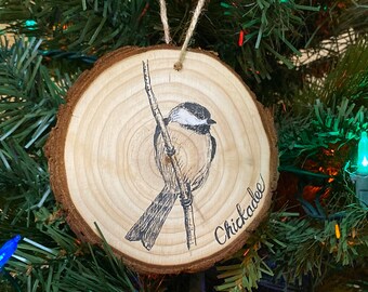 Chickadee Bird- Hand-drawn Handmade Original Wood Slice Ornament