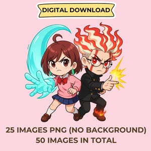 May include: Digital download graphic featuring two anime-style characters with determined expressions. One character has brown hair and a blue energy effect, the other has red and white hair and a fiery effect. Text at the top reads "DIGITAL DOWNLOAD".