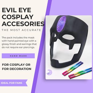 May include: Black Evil Eye cosplay mask with a hand-painted purple eye and matching earrings. The mask has a glossy finish and is designed for cosplay or decoration. The image text reads "EVIL EYE COSPLAY ACCESORIES".