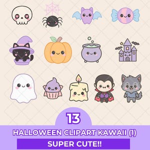 以下が含まれることがあります： ハロウィーンをテーマにした13個の可愛いクリップアートイラストのコレクション。 骸骨、クモ、コウモリ、キャンディー、魔女の帽子をかぶった黒猫、カボチャ、大釜、城、幽霊、カップケーキ、ろうそく、吸血鬼、オオカミが含まれています。 テキスト: "HALLOWEEN CLIPART KAWAII (1) SUPER CUTE!!"