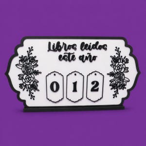 Puede incluir: Un letrero decorativo blanco y negro con el texto "Libros leídos este año" y los números 0, 1 y 2. El letrero tiene un borde negro y detalles florales. El fondo es morado.