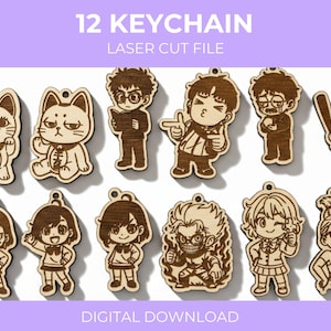 Peut inclure: Ensemble de 12 porte-clés en bois avec des motifs de personnages de style anime et des figurines de chats découpés au laser. Les porte-clés sont en bois brun clair. Le texte en haut indique "12 KEYCHAIN LASER CUT FILE" et "DIGITAL DOWNLOAD" en bas.