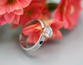 Solitaire Upcycled Diamond Ring With Sapphire Accent | OOAK 14k Gold Engagement Ring Size 5.5
