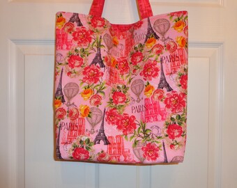 Paris Floral Lined Fabric Market Shopping Tote Bag