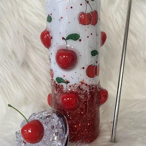 3D Cherries and glittered Stainless Steel Tumbler with cherry Ice Topper