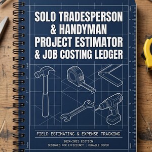 May include: A dark blue spiral-bound notebook titled SOLO TRADESPERSON & HANDYMAN PROJECT ESTIMATOR & JOB COSTING LEDGER. The cover features white line art of a hammer, tape measure, square, wrench, and drill, with 2024-2025 edition text.