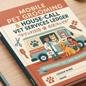 Könnte beinhalten: Ein gebundenes Buch mit dem Titel Mobile Pet Grooming & House-Call Vet Services Ledger. Das Cover zeigt einen hellblauen Transporter, einen Tierarzt, eine Person, einen Hund und eine Katze. Es enthält Abbildungen von Pflegeutensilien.