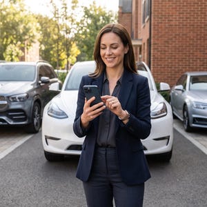 May include: A dark navy blue blazer worn over a dark grey button-down shirt and matching trousers. The attire is paired with a wristwatch on the left wrist and a smartphone held in both hands. The clothing features a tailored, professional cut.