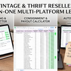 May include: A digital ledger for vintage and thrift resellers featuring three sections: Batch Sourcing and Haul Cost Splitter, Consignment and Payout Calculator, and Automated Platform Fee Matrix for eBay, Poshmark, Depop, and Mercari on tablets.