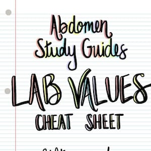 Könnte beinhalten: Eine bunte Grafik mit dem Text "Abdomen Study Guides Lab Values Cheat Sheet Ultrasound Board Review". Der Text ist in handschriftlicher Form mit einem Regenbogen-Farbschema geschrieben.
