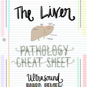 Puede incluir: Un diagrama del hígado con etiquetas para los diferentes lóbulos y estructuras. El texto "The Liver Pathology Cheat Sheet Ultrasound Board Review" está escrito en un estilo de escritura a mano.