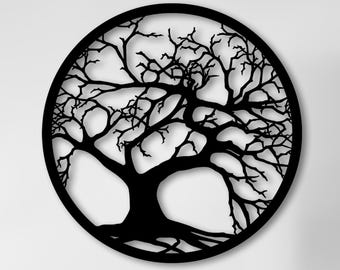 Décoration murale en métal arbre de vie, panneau rond noir de la nature, grande décoration murale moderne pour le salon et l'entrée, cadeau de pendaison de crémaillère