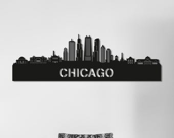 Decorazione murale in metallo con skyline di Chicago, cartello personalizzato con nome della città, decorazione con testo personalizzato sullo skyline, regalo di inaugurazione della casa per agente immobiliare.