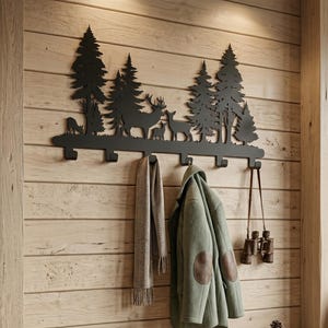 May include: Black metal wall-mounted coat rack featuring a forest scene with deer and trees. A green jacket, scarf, and binoculars hang from the hooks. A wooden bench holds books and a bowl of pinecones, creating a rustic, nature-inspired decor.