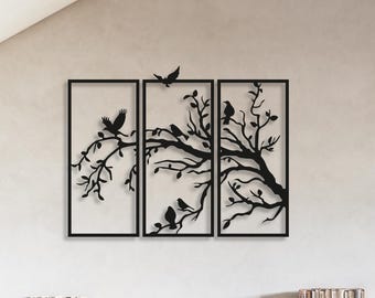 Birds on Branch Metal Wall Art: 3-Panel Laser-Cut Triptych Wall Art