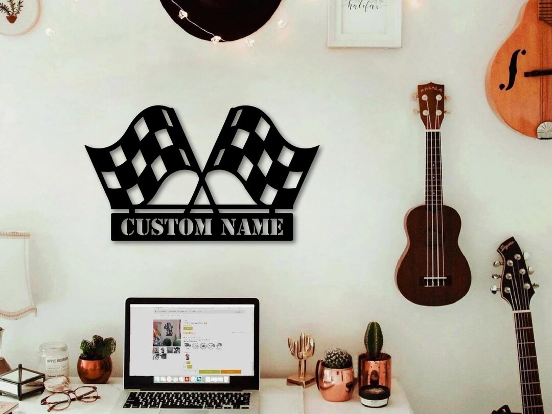 Custom Racing Flags Metal Wall Art — Personalized Name Garage Sign ...