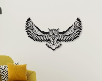 Decorazione da parete in metallo con gufo geometrico - Grande decorazione da parete con gufo volante per soggiorno, silhouette di animale boho, scultura in metallo moderna e minimalista