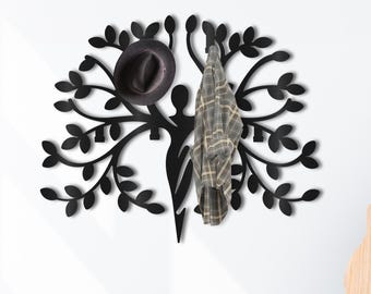Tree Woman Metal Hanger Wall Art Tree Woman Metal Coat Rack Tree Woman Decor Art Hanger Modern Boho Metal Coat Rack Woman Silhouette