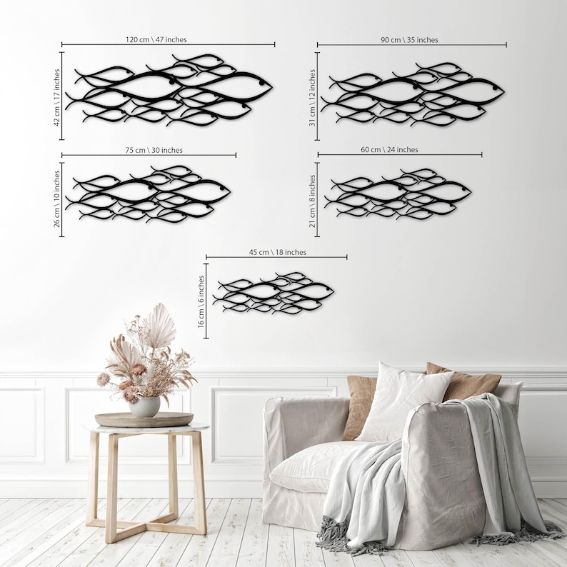 May include: Black metal wall art depicting schools of fish in various sizes. The largest piece measures 47 inches wide by 17 inches high. Other sizes include 30x10 inches, 24x8 inches, 35x12 inches, and 18x6 inches.