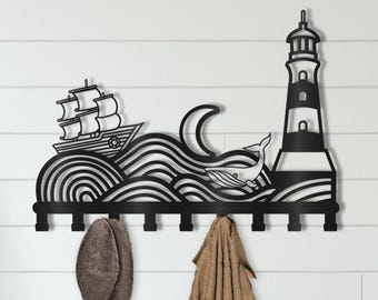 Lighthouse Metal Wall Hanger: Coastal Nautical Decor with Hooks