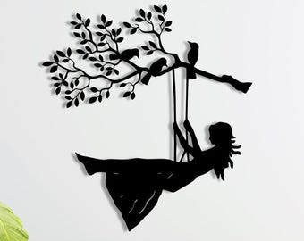Metal Birds on Branch Wall Art: Swinging Girl Silhouette, Indoor/Outdoor Decor