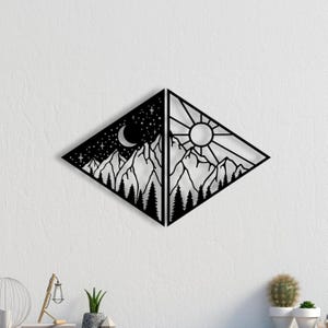 Day and Night Mountain Art Metal Mountain Wall Decor Nature Lover Wall Deco Sun and Moon Mountain Wall Hanging Mountain Scene Metal Wall Art