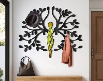 Tree-Inspired Plexiglass Mirror and Coat Rack Wall Decor – Unique Woman Silhouette with Leaf Design, Stylish Home Entryway Organizer