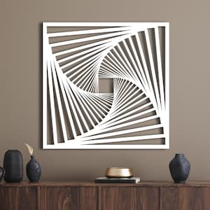 May include: White geometric wall art featuring a swirling pattern of lines forming a square shape in the centre.