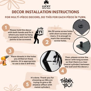 May include: Installation instructions for multi-piece decor. The image shows a step-by-step guide with illustrations and text. Steps include marking screw points, using dowels, and attaching the decor with screws and risers for a 3D shadow effect. The Lucky Metal Shop logo is at the top.