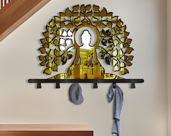 Buddha Gold Mirrored Hanger Decor | Plexiglass Meditation Wall Coat Rack | Japandi Mirror Wall Art| Gold Plexi Coat Rack | Buddha Silhouette