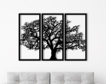 Black Metal Tree of Life Wall Art - Triptych Modern Sculpture