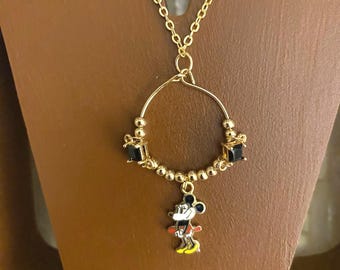 Vintage Minnie Mouse Charm Necklace, Gold Tone & Rhinestone