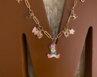 Minnie Mouse inspired XOXO gold tone charm necklace with 9 charms