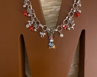 Minnie Mouse Charm Necklace, Silver Tone, Rhinestone and Pearl Bows