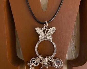 Blingy Butterfly retro designed silver tone charm holder necklace