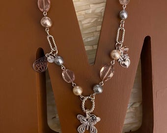 Pearly Girly Vintage Silver Tone Charm Necklace: Pastel Pearls and Glass Beads